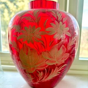 Vtg 1960s Handpainted Red Floral Glass Vase